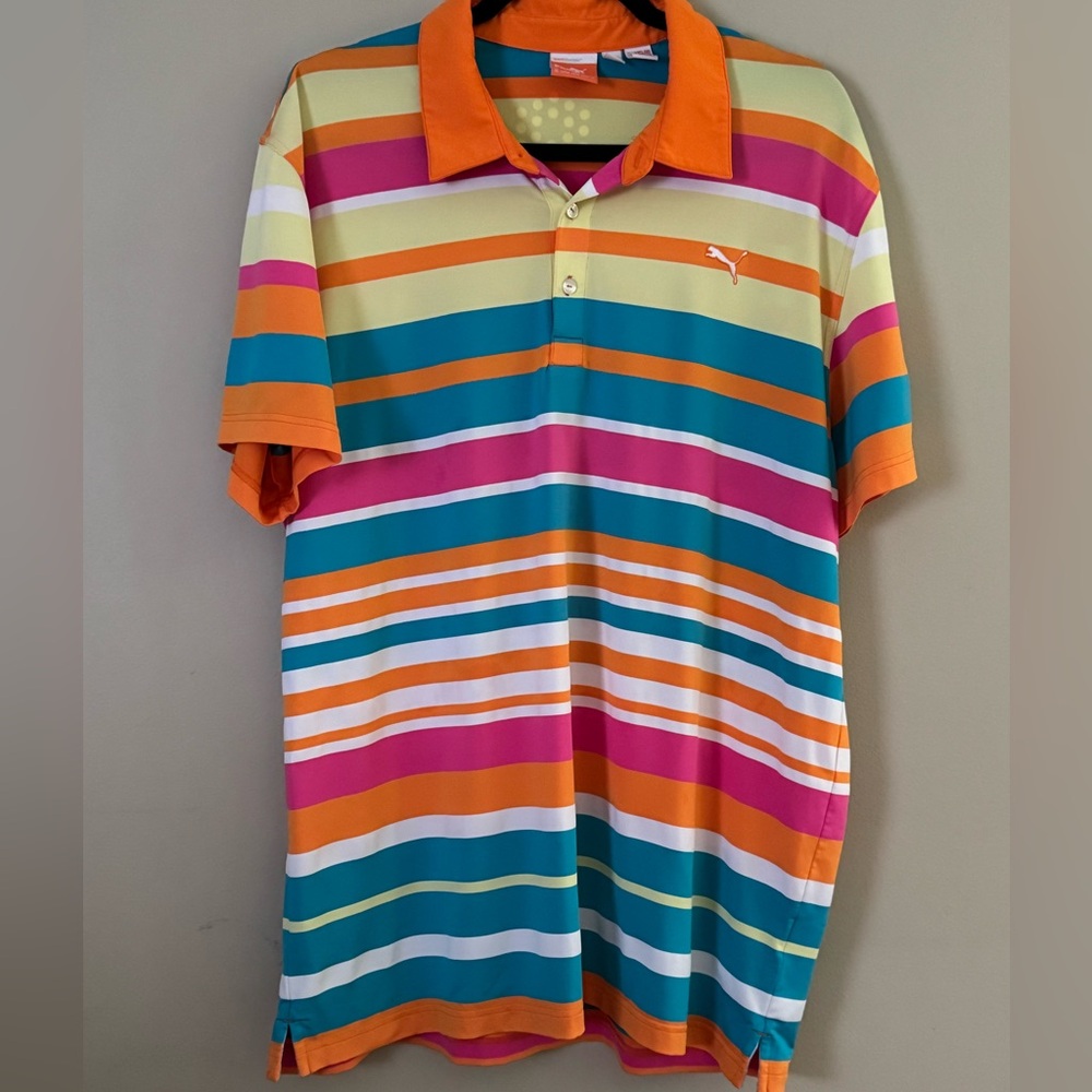 PUMA Golf Sport Lifestyle Polo Men’s Size XL Dry Cell Orange/Pink Roadmap Stripe - Picture 3 of 7